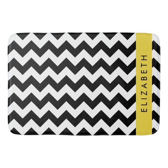 Black and White Zigzag, Chevron Pattern, Your Name Bath Mat (Front)
