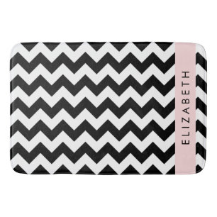Black and White Zigzag, Chevron Pattern, Your Name Bath Mat