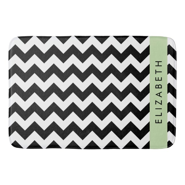 Black and White Zigzag, Chevron Pattern, Your Name Bath Mat (Front)