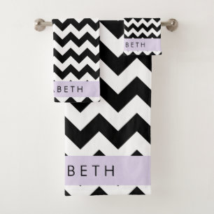 Black and White Zigzag, Chevron Pattern, Your Name Bath Towel Set