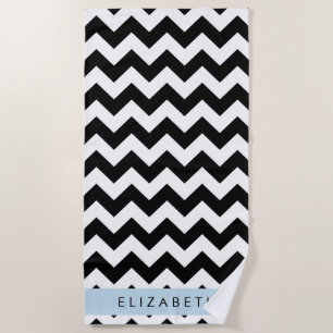 Black and White Zigzag, Chevron Pattern, Your Name Beach Towel