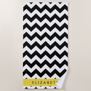 Black and White Zigzag, Chevron Pattern, Your Name Beach Towel