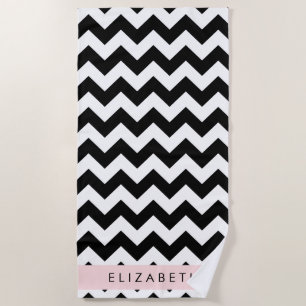 Black and White Zigzag, Chevron Pattern, Your Name Beach Towel