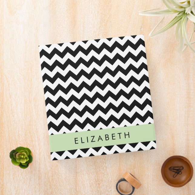 Black and White Zigzag, Chevron Pattern, Your Name Binder (In Situ)