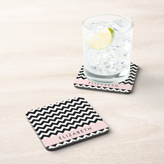 Black and White Zigzag, Chevron Pattern, Your Name Coaster (Right Side)