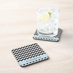 Black and White Zigzag, Chevron Pattern, Your Name Coaster