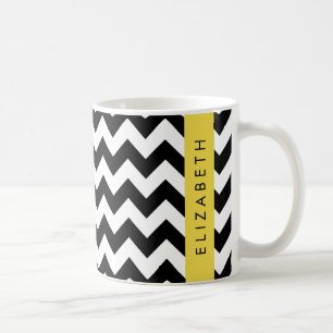 Black and White Zigzag, Chevron Pattern, Your Name Coffee Mug