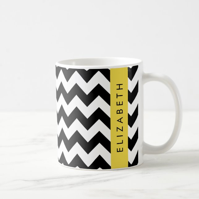 Black and White Zigzag, Chevron Pattern, Your Name Coffee Mug (Right)