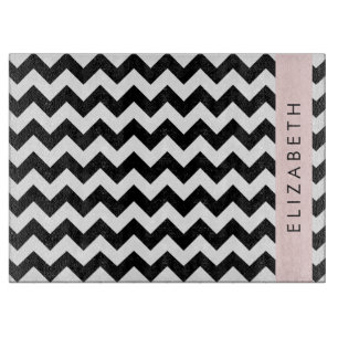 Black and White Zigzag, Chevron Pattern, Your Name Cutting Board