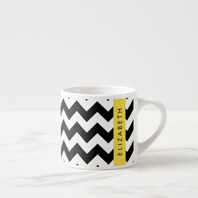 Black and White Zigzag, Chevron Pattern, Your Name Espresso Cup (Right)