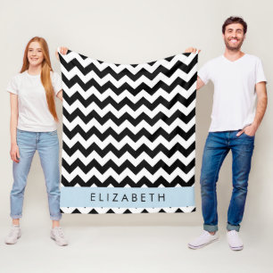 Black and White Zigzag, Chevron Pattern, Your Name Fleece Blanket