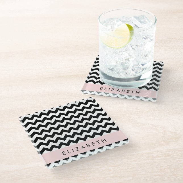 Black and White Zigzag, Chevron Pattern, Your Name Glass Coaster (Angled)