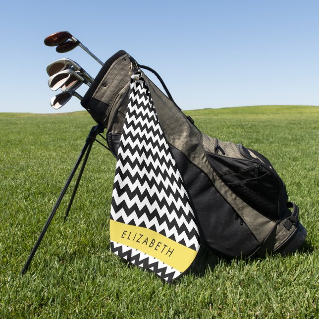 Black and White Zigzag, Chevron Pattern, Your Name Golf Towel (Green)
