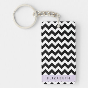 Black and White Zigzag, Chevron Pattern, Your Name Keychain