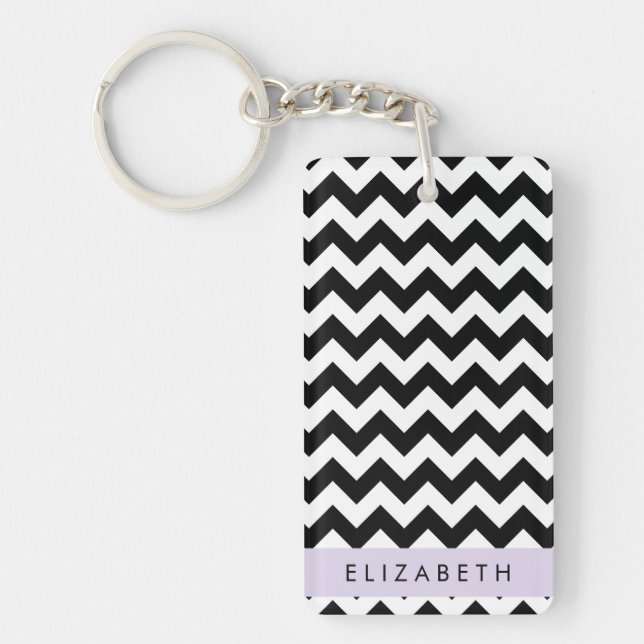 Black and White Zigzag, Chevron Pattern, Your Name Keychain (Front)