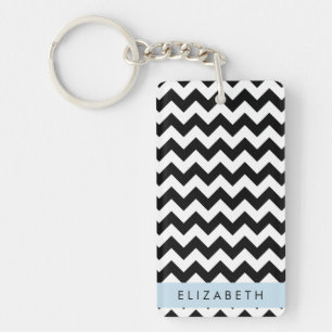Black and White Zigzag, Chevron Pattern, Your Name Keychain