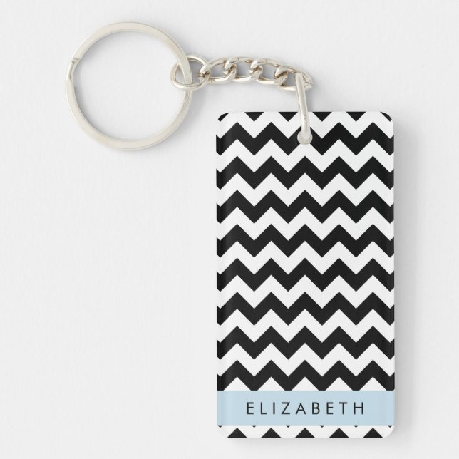 Black and White Zigzag, Chevron Pattern, Your Name Keychain (Front)