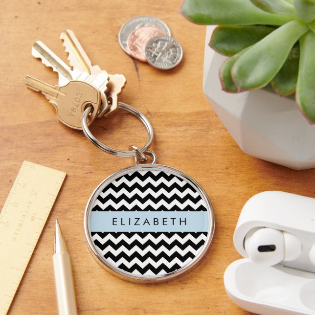 Black and White Zigzag, Chevron Pattern, Your Name Keychain (Desk)