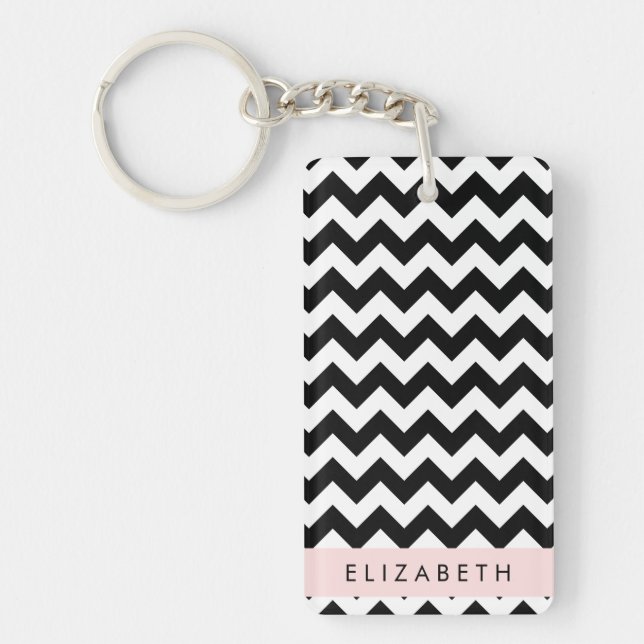 Black and White Zigzag, Chevron Pattern, Your Name Keychain (Front)