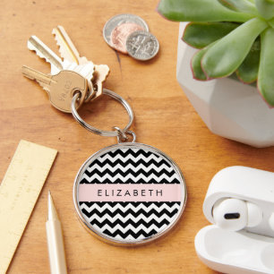 Black and White Zigzag, Chevron Pattern, Your Name Keychain