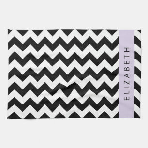 Black and White Zigzag, Chevron Pattern, Your Name Kitchen Towel