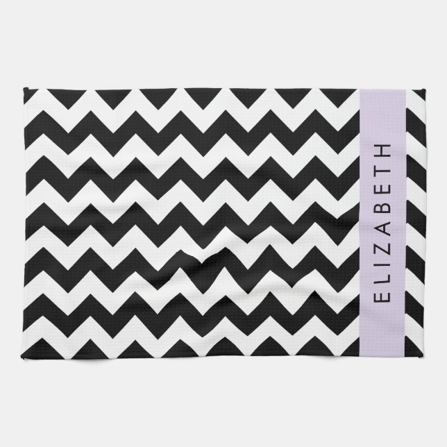 Black and White Zigzag, Chevron Pattern, Your Name Kitchen Towel (Horizontal)