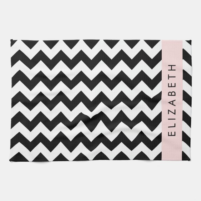 Black and White Zigzag, Chevron Pattern, Your Name Kitchen Towel (Horizontal)