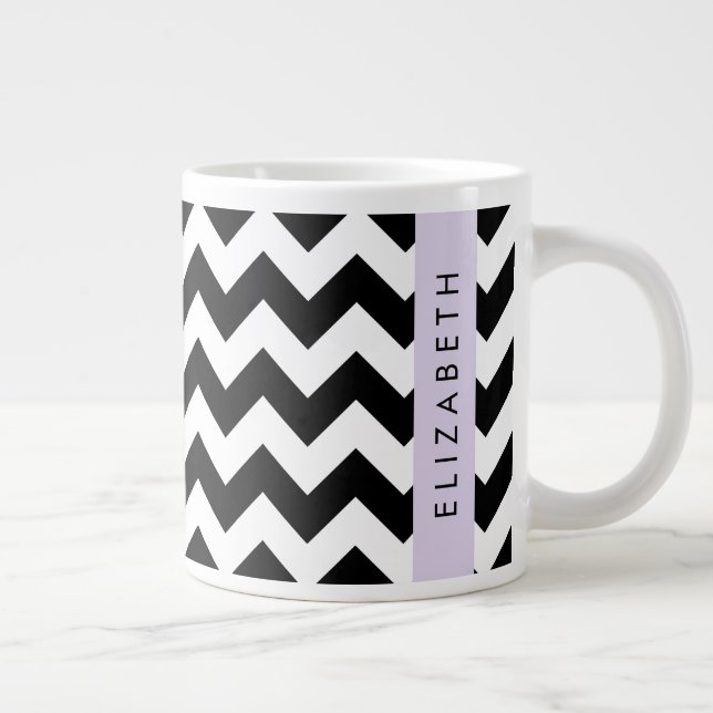 Black and White Zigzag, Chevron Pattern, Your Name Large Coffee Mug (Right)