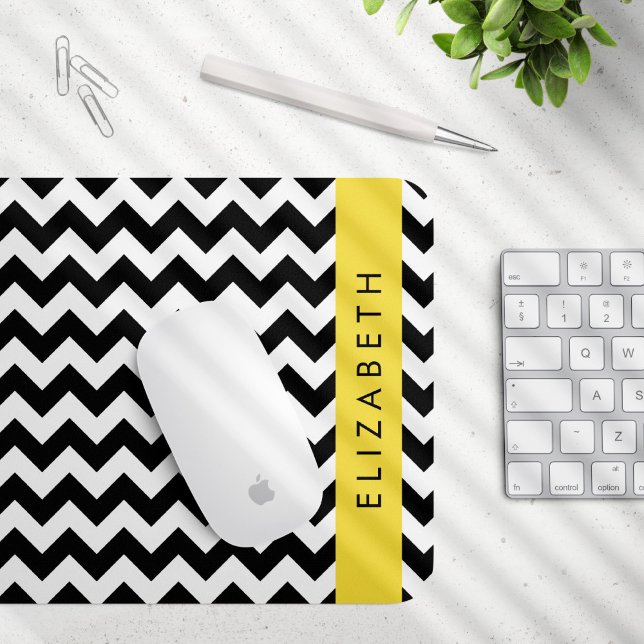 Black and White Zigzag, Chevron Pattern, Your Name Mouse Pad (Creator Uploaded)