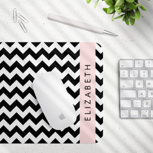 Black and White Zigzag, Chevron Pattern, Your Name Mouse Pad