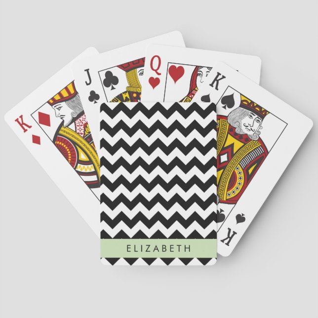Black and White Zigzag, Chevron Pattern, Your Name Playing Cards (Back)
