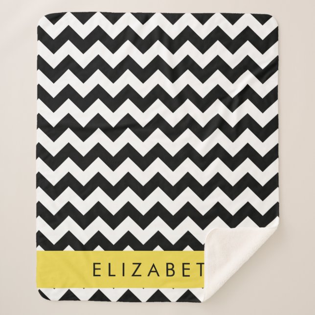 Black and White Zigzag, Chevron Pattern, Your Name Sherpa Blanket (Front)
