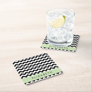 Black and White Zigzag, Chevron Pattern, Your Name Square Paper Coaster