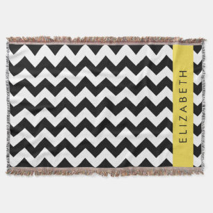 Black and White Zigzag, Chevron Pattern, Your Name Throw Blanket