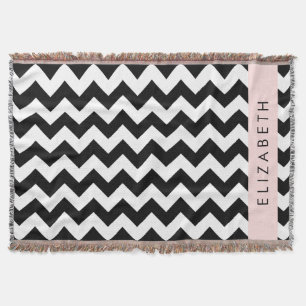 Black and White Zigzag, Chevron Pattern, Your Name Throw Blanket