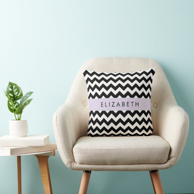 Black and White Zigzag, Chevron Pattern, Your Name Throw Pillow (Chair)
