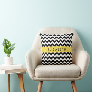 Black and White Zigzag, Chevron Pattern, Your Name Throw Pillow