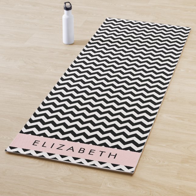 Black and White Zigzag, Chevron Pattern, Your Name Yoga Mat (In Situ)