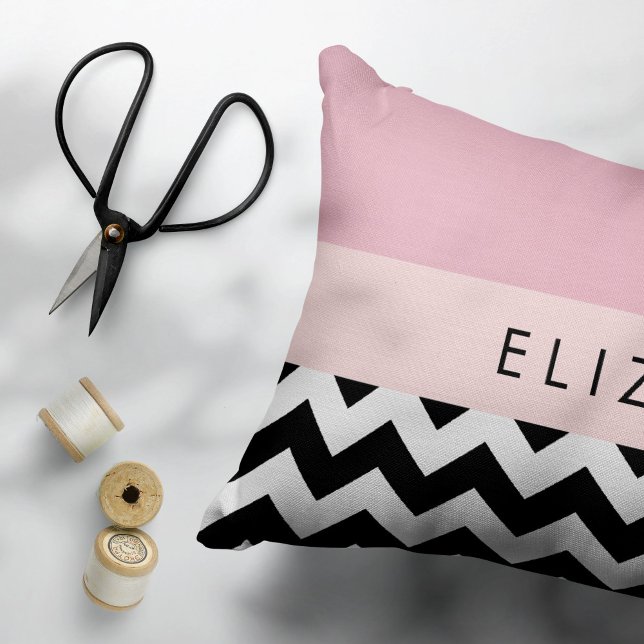 Black and White Zigzag, Chevron, Pink, Your Name Accent Pillow (Creator Uploaded)