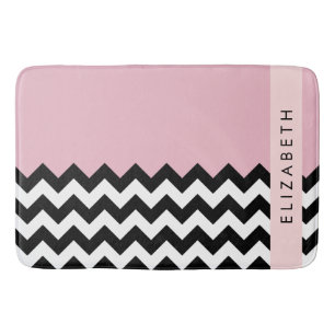 Black and White Zigzag, Chevron, Pink, Your Name Bath Mat