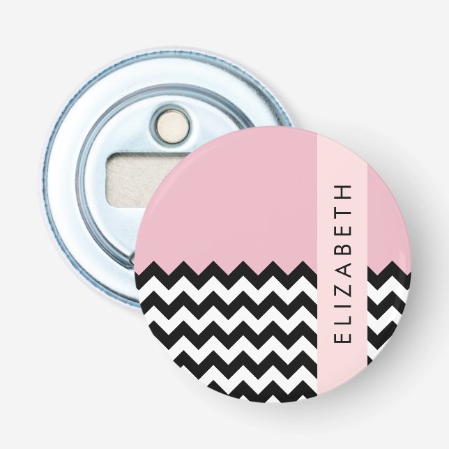 Black and White Zigzag, Chevron, Pink, Your Name Bottle Opener (Front)