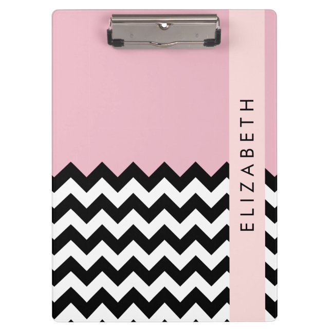 Black and White Zigzag, Chevron, Pink, Your Name Clipboard (Front)