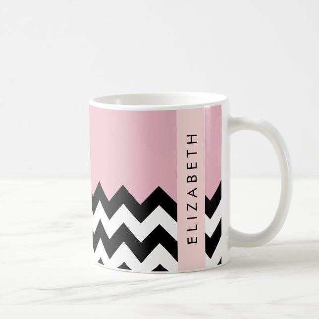 Black and White Zigzag, Chevron, Pink, Your Name Coffee Mug (Right)