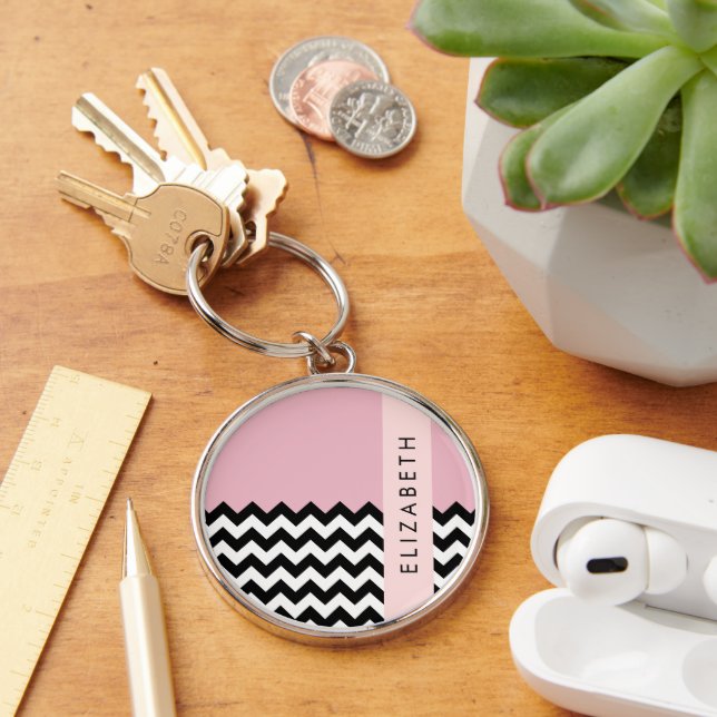 Black and White Zigzag, Chevron, Pink, Your Name Keychain (Desk)