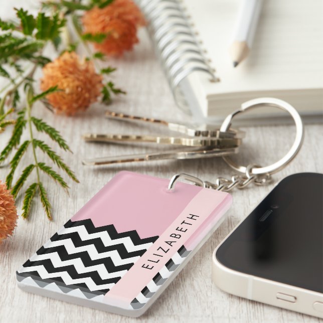 Black and White Zigzag, Chevron, Pink, Your Name Keychain (Front Right)