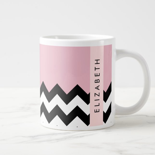 Black and White Zigzag, Chevron, Pink, Your Name Large Coffee Mug (Right)