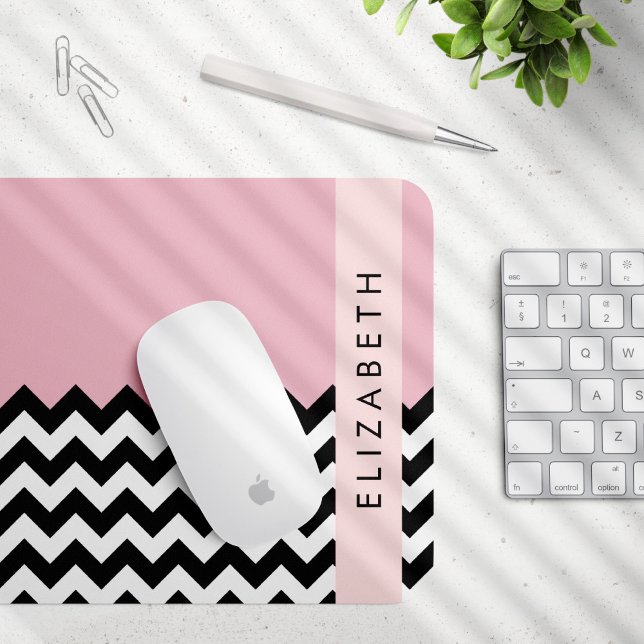 Black and White Zigzag, Chevron, Pink, Your Name Mouse Pad (Creator Uploaded)
