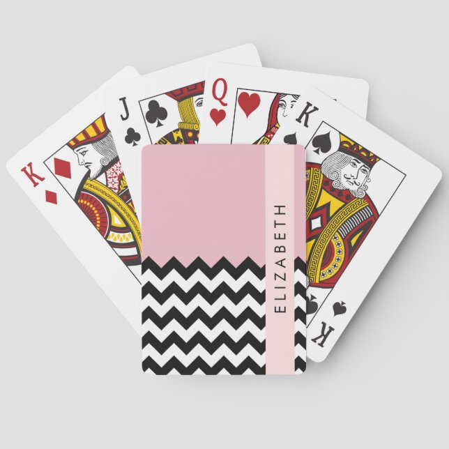 Black and White Zigzag, Chevron, Pink, Your Name Playing Cards (Back)