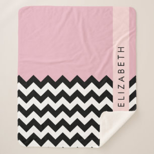 Black and White Zigzag, Chevron, Pink, Your Name Sherpa Blanket
