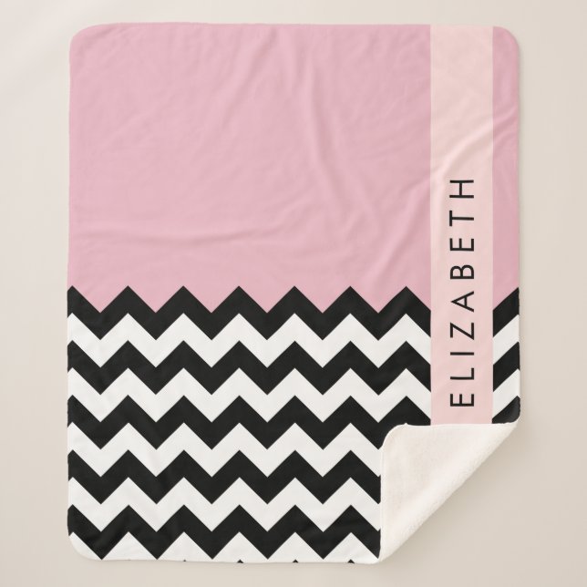 Black and White Zigzag, Chevron, Pink, Your Name Sherpa Blanket (Front)